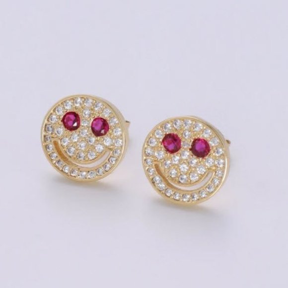 Gold Plated Smiley Face Earrings with Cubic Zirconia Stones - Picture 1 of 2